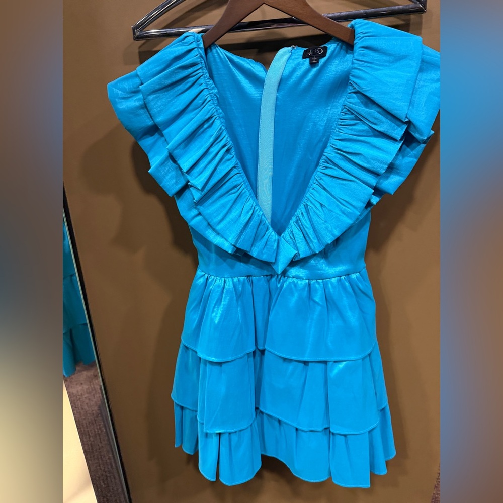 NBD Bright Turquoise Ruffled Tiered mini dress
